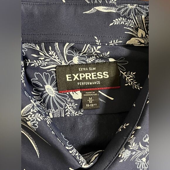 Express Navy Blue Floral Long Sleeve Shirt Stretch Extra Slim Sz M 15 - 15 1/2 - Picture 2 of 8